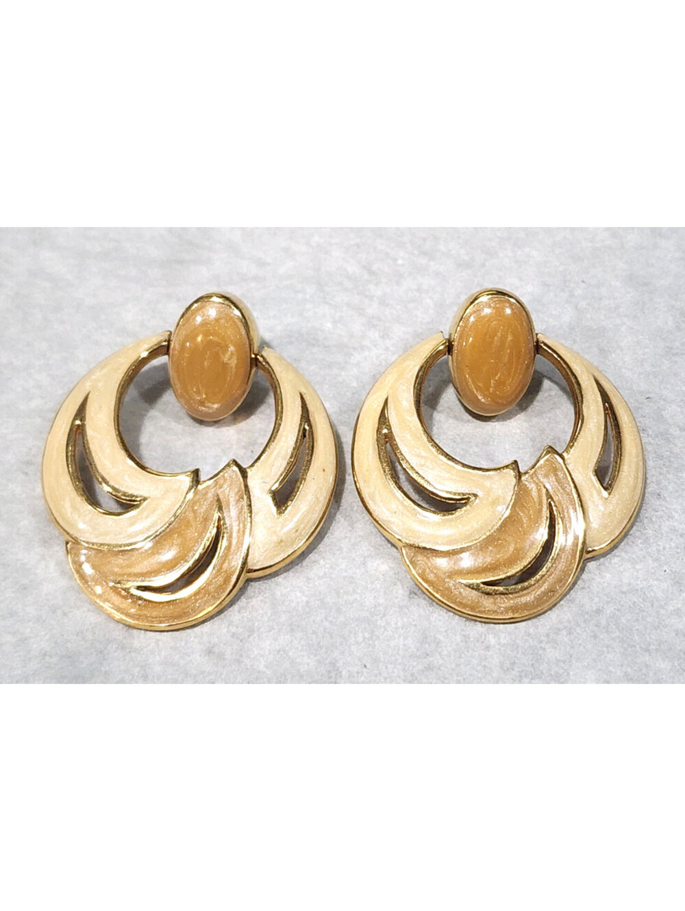 Napier Vintage Signed Gold Tone Cream Enamel Swirl Door Knocker Earrings 80s